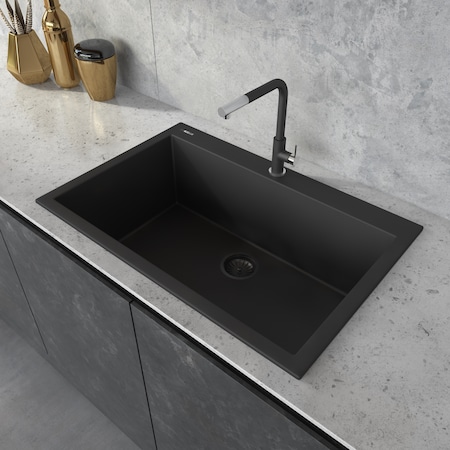Ruvati 30"x20" Dual-Mnt Granite Composite Sgl Bowl Kitchen Sink, Blk RVG1030BK